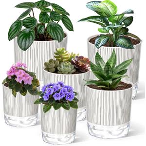 6 Pack Self Watering Pots for Indoor Plants, 4+5.5+6.3 Inch Self Watering Plant Pots Set, Flower Pots with Wick Rope and Reservoir for African Violet, Spider Plant, Orchid (2s+2m+2l, 6pcs Black Stripes)