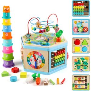 Wooden Activity Cube for 1 Year Old Kids, Educational Learning Bead Maze for Toddler Age 1-3, Developmental Montessori Toys for 12-36 Months Boys Girls Gift