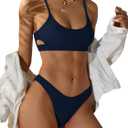 ZAFUL Women's Cutout Bikini Sets Scoop Neck Back Criss Cross Tie Ribbed High Cut Bikini Swimsuit Two Piece Bathing Suits (Medium, 1-deep Blue)