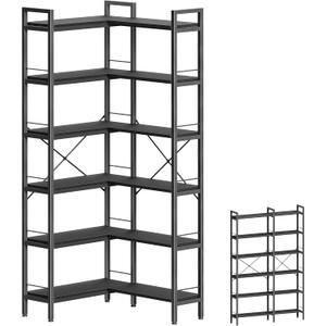 Huuger 6 Tier Bookshelf, L Shaped Corner Bookshelf with Open Shelves, 49.4 Inch Straight Wide Bookcase with Metal Frame and Wooden Board, Adjustable Feet, Black