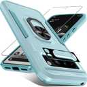 Janmitta for Google Pixel 8 Pro Case with Screen Protector+Camera Lens Protector,Heavy Duty Shockproof Full Body Phone Cover Built in Metal Ring Holder Kickstand,2023 Mint Green