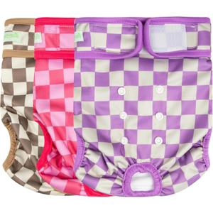 wegreeco Washable Female Dog Diapers Highly Absorbent Reusable Diapers for Dog in Heat Dog Period Diapers, 3 Pack (Checkerboard Red, Purple, Coffee, Small)