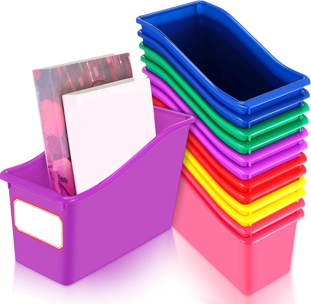 Teling 12 Pcs Plastic Book Bins Bulk for Classroom Interlocking Magazine Holder Organizer Folder Binder Storage Container Box with Name Labels for School Office Home Supply (Rainbow Bright)