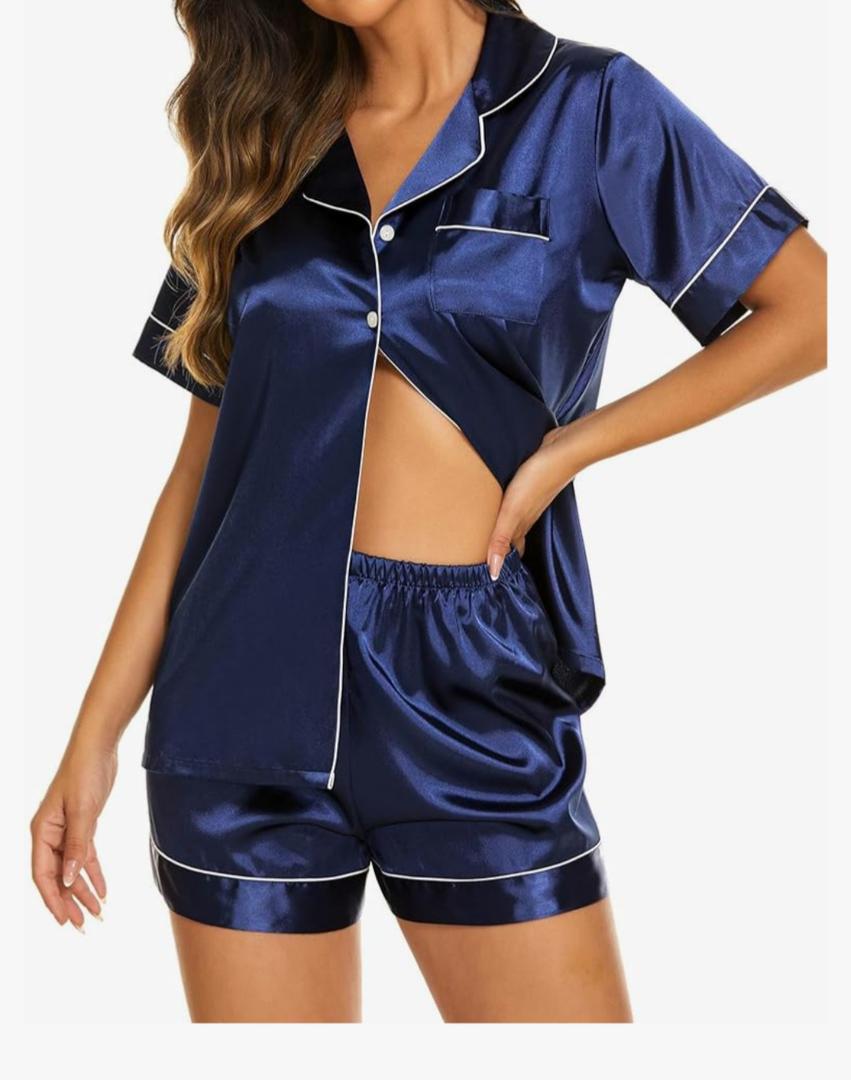 Ekouaer Silk Pajamas for Women Short Sleeve Sleepwear Soft Button Down Loungewear 2 Piece Satin Pjs Shorts Set, Navy, Large