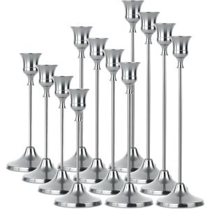 Silver Taper Candle Holders 4 Sets(12 Pcs) - Tall Metal Candlestick Holders for Table Centerpiece, Formal Dinner, Wedding, Fireplace Mantel Decor, Fits 3/4 Inch Thick Candles