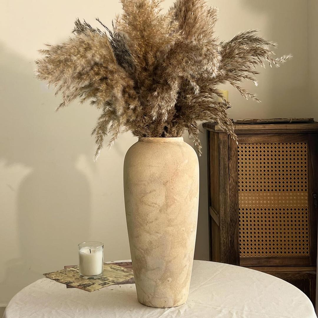 Ceramic Rustic Farmhouse Vase, 15 Inch Beige Flower Vases for Home Decor, Rustic Pottery Vase for Table Centerpieces & Living Room, Farmhouse Ceramic Vases for Entryway & Wedding Gifts (Large)