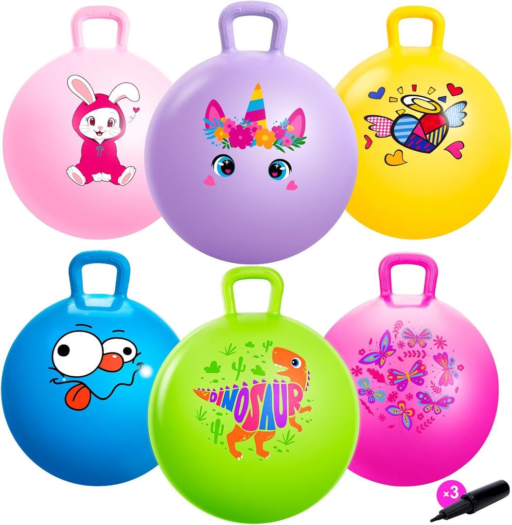 ZOOJOY 6pcs Hopper Balls for Kids 3-8, 18In Bouncy Ball with Handle, Sit on Hopping Toys for Sport/School/Team Active Play, Hippity Hop Ball for Indoor Outdoor Games with Pump (Multi-pattern 6 Pack)