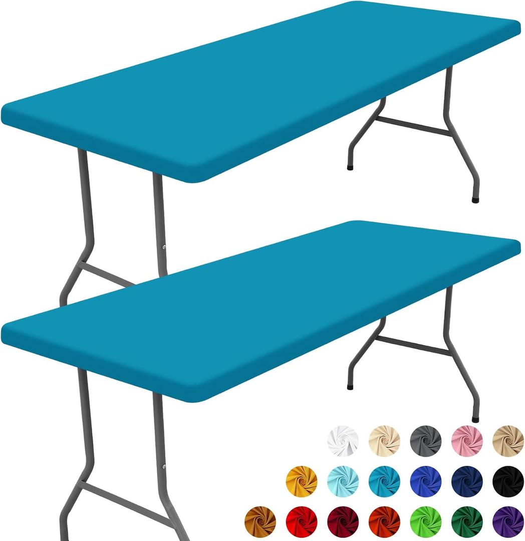 Moosfor Spandex 4 Foot Rectangle Table Cloth 2 Pack, Elastic Fitted Tablecloths for Picnic, Stretch Washable Patio Table Cover for Outdoor, Camping, Banquet and Parties (Teal, 30"x48")