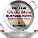 Paelluxe 13 Inch Tri-Ply Stainless Steel Paella Pan with Lid for 6 Servings - Includes Hot Handle Holders - Induction, Oven and Dishwasher Safe Skillet, Indoor Outdoor Cooking Cacerola Paellera Sarten