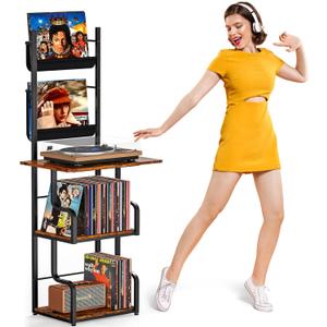 TJ.MOREE Record Player Stand with Vinyl Storage, Tall Record Player Table with Rack Turntable Stand and Record Holder Vinyl Display Shelf up to 210 Album, Corner Record Player Cabinet Organizer (Black & Brown)