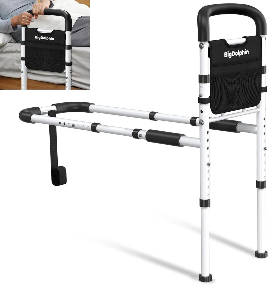 Bed Rails for Elderly Adults Safety - ASTM Approved Adjustable Bed Cane Supports 350LBS with Non-Slip Grip & Storage Pocket, Stable Bed Assist Rails for Seniors, Tool-Free (Medium, Black Curved Handle)