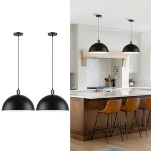 Karjearl Black Pendant Light Fixtures 2 Pack, 15.7 Inch Large Dome Pendant Lighting Farmhouse Vintage Chandelier for Kitchen Island Dining Room