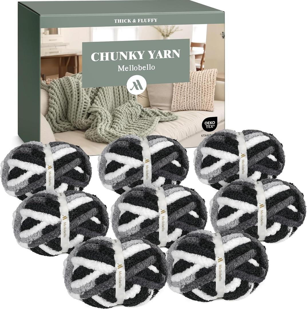 Jumbo Chenille Chunky Yarn for Crocheting - Super Bulky Fluffy Chunky Yarn for Hand Knitting - Extra Thick Soft Blanket Big Yarns 8 Jumbo Pack (27yds,8 oz Each Skein) (Black&Grey&White)