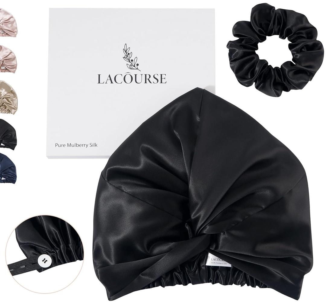 Anti-Slip Adjustable Real 22 Momme 100% Mulberry Silk Bonnet with Scrunchie for Sleeping Women, Double-Layered Silk Hair Bonnet for Curly Hair, One Size (21-24 inch Head Size), Black