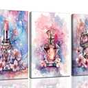 3Pcs Tween Teen Girls Bedroom Wall Art Youth Makeup Room Canvas Posters Pink Trendy Beauty Pictures Wall Decor Perfume Lipstick Cosmetics Prints Painting for Mature Girl Dorm Framed 16x24"