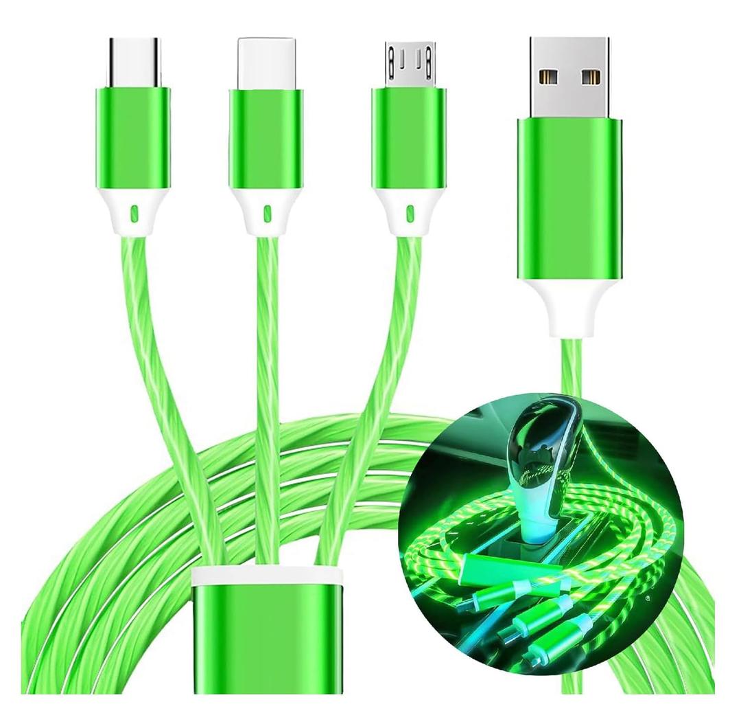 3 in 1 Light up Charging Cable,Multi LED Charging Cable,Light Up Charger Cord,3A USB Cable,Compatible with Most Smart Phones (green (2m/6.5ft))