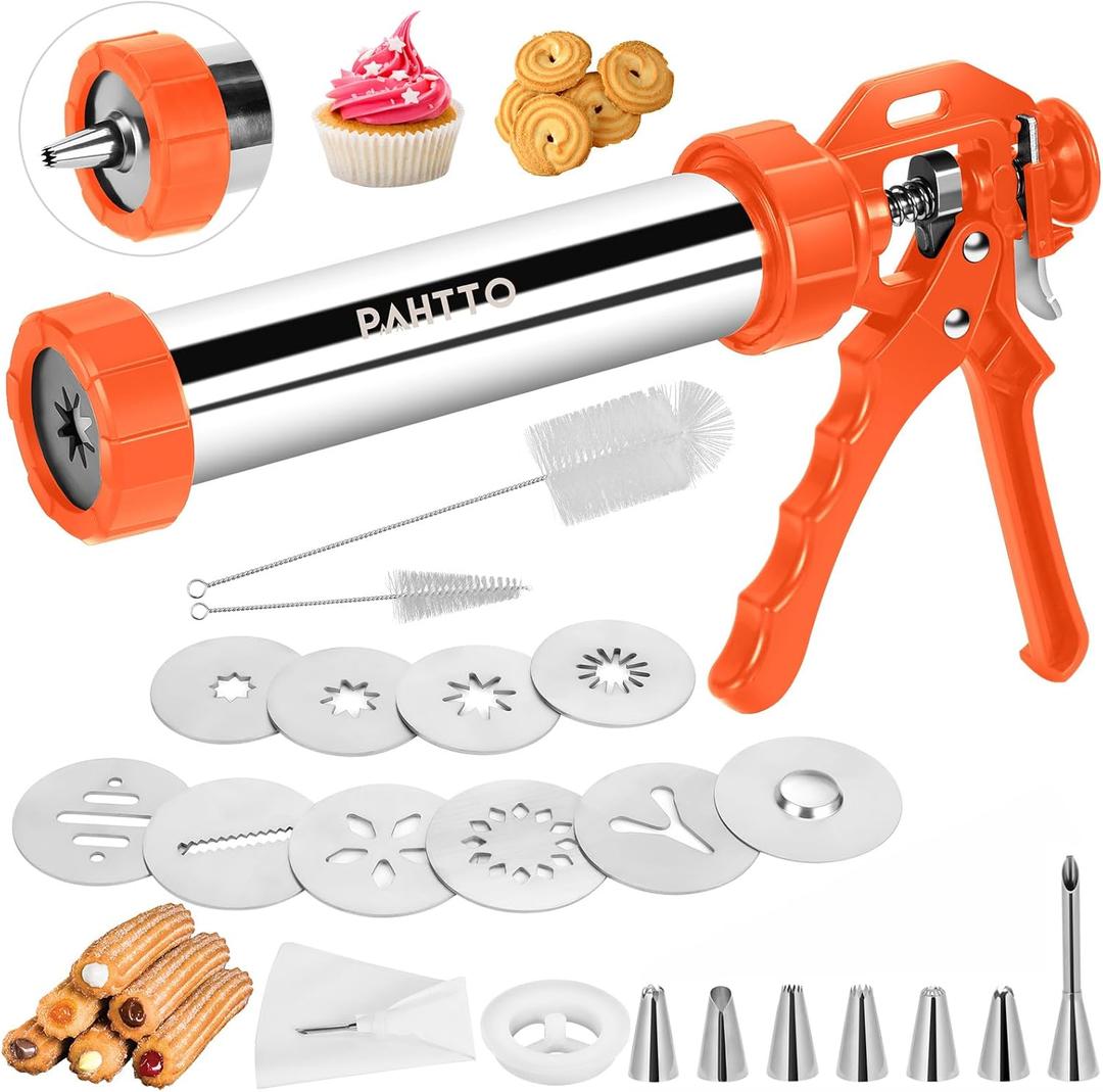 Churro Maker Machine, 3-in-1 Multifunctional Hollow Churros Machine, Churreras para Churros, Stainless Steel Churro/Cookie Making Kit with Piping Bag, 2 Brushes, 10 Discs and 7 Icing Piping Nozzles (Orange)