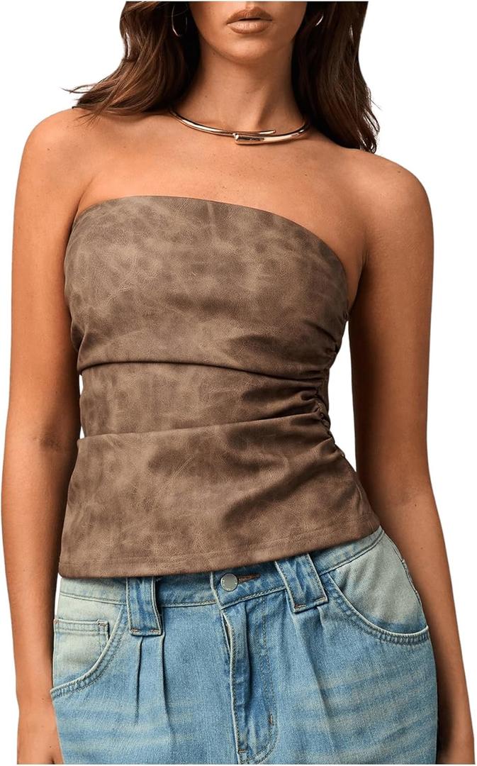 MakeMeChic Women's PU Leather Top Strapless Ruched Bandeau Sleeveless Party Tube Tops (Large, Brown)