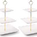 Tebery 2 Pack 3-Tier White Ceramic Embossed Dessert Cake Tower Stand with Gold Carry Handle, Cupcake Stand Serving Trays, Porcelain Party Food Server Display Holder