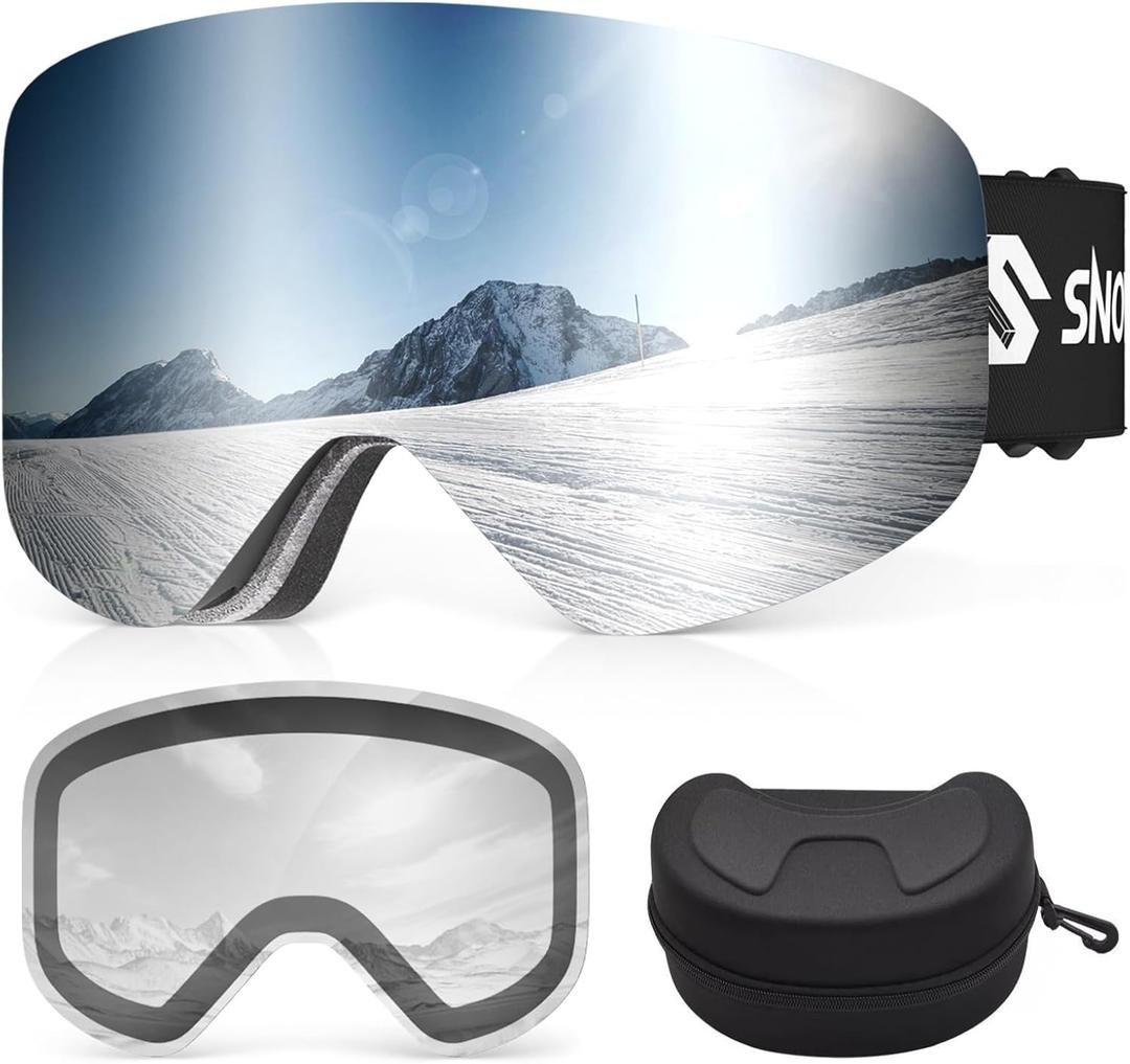 Ski Goggles, Frameless Snowboard Goggles with 2 UV400 Magnet Ski Lenses for Men & Women (Silver(vlt 9%) + Clear (Vlt 83.5%))