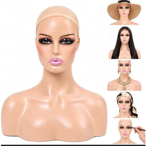 JINGFA Realistic Female Mannequin Head with Shoulders Manikin Head with Shoulder for Wig/Jewelry/Makeup/Hat/Sunglass Display