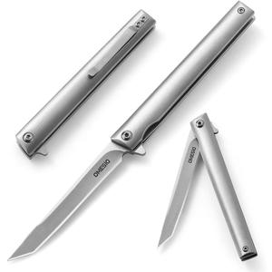 Omesio Slim Pocket Folding Knife, 3.39 Tanto Blade Gentleman's Knife with Liner Lock, Folding Knife with Clip and Sheath, Flipper Open for Camping and Survival, 2024 Gifts for Men Women, Silver