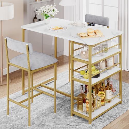 CABIHOME Dining Table Set for 2, Kitchen Table and Velvet Upholstered Chairs for 2, 3 Piece Counter Height Bar Table Set with 3 Large Storage Shelves for Small Space, Apartment, Gray and Gold White