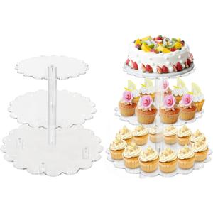 3 Tiers Acrylic Cupcake Stand, Lacework Design Cake Tower Stand Holder Macaron Display Rack Cookie Candy Buffet Desserts Platter with Base for Baby Shower, Birthday, Wedding