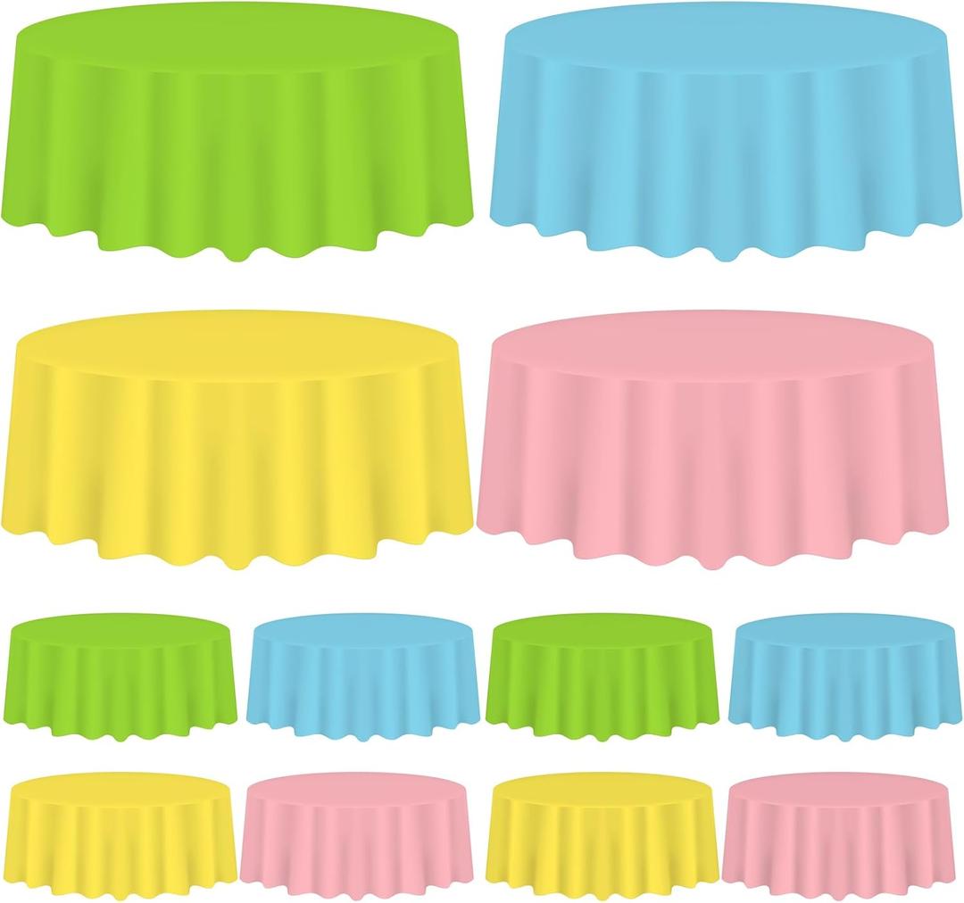 Whaline 16 Pcs 84 Inch Spring Pastel Color Plastic Tablecloth Green Blue Yellow Pink Round Table Cover Waterproof Table Cloth for Baby Shower Party Decoration Supplies