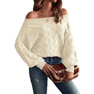Verdusa Women's Off The Shoulder Sweater Top Dolman Sleeve Textured Knit Pullover Sweaters (Medium, Apricot)