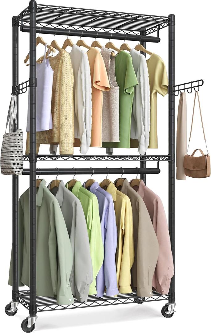 SONGMICS Heavy-Duty Rolling Clothes Rack, Garment Rack, Portable Closet, 29.5-Inch Wide Clothing Rack on Wheels, with Adjustable Mesh Shelves and Hanging Rails, Hooks, Ink Black ULGR412B01 (Small)