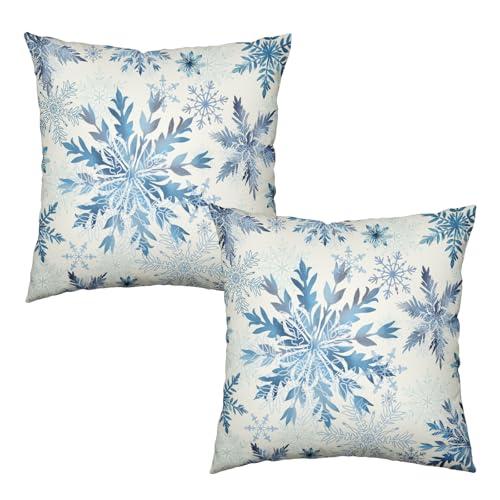 Wnoesat Set of 2 Winter Snowflake Pillow Covers Blue Christmas Decorative Throw Pillow Cases 16x16 Inch Farmhouse Xmas Holiday Outdoor Cotton Linen Pillowcase for Living Room Couch Sofa Decor
