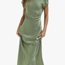Gmeitoey 2025 Satin Cap Sleeve Cowl Back Summer Dresses for Women Elegant Ruched Waist Wedding Guest Midi Dress Sage Size Small