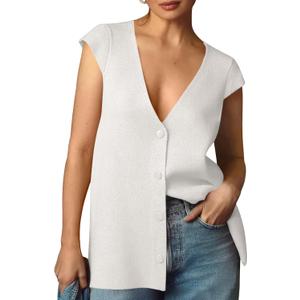 Saodimallsu Womens Deep V Neck Sweater Vest Sleeveless Knit Button Up Loose Fit Cap Sleeve Trendy Summer Tops (White, XXL)