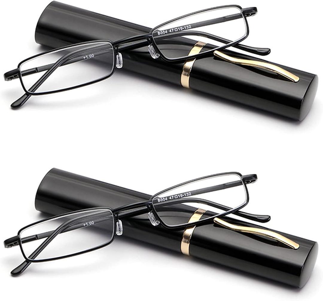 Viseng Slim Mini Metal Reading Glasses Compact Lightweight Portable Readers with Glasses Case for Reading Case,Black+Black+1.0