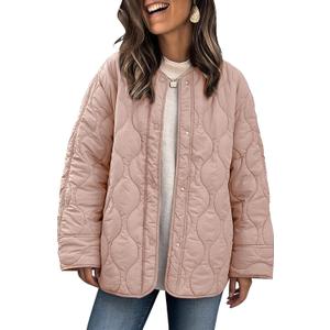 PEHMEA Women's Oversized Lightweight Quilted Jacket Button Down Fall Winter Coats Puffer Padded with Pockets (Pink), S