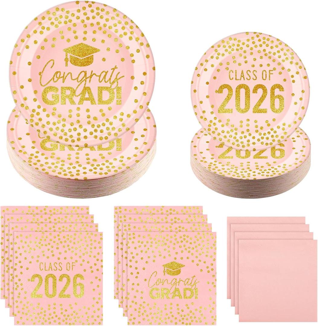 FoldTier 200 Pcs Graduation Plates and Napkins 2026, Pink and Gold Graduation Decorations, Class of 2026 Congrats Grad Paper Plates and Napkins for College High School Graduations Party, Serve 50