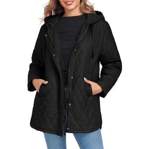 Womens Oversized Quilted Jackets Lightweight Long Sleeve Full Zipper Puffer Jacket Casual Hooded Coats with Pockets (Small, Black)