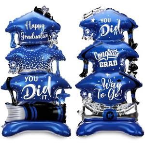 Jenaai 2 Pcs 37" Blue and Silver Graduation Caps Foil Balloons Giant Self Standing Congrats Grad Diploma You Did It Theme Balloons for Class of 2026 Graduation Party Decoration Supplies