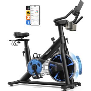 Merach Magnetic Exercise Bike, Low Noise Stationary Bike for Home with Comfortable Seat Cushion, Spinning Bike with 330 lb Weight Capacity, Exclusive App, Tablet Mount and Fitness Courses (S36 Magnetic - Blue)