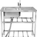 Outdoor Utility Sink,Free Standing Stainless Steel Laundry Tub, Single Bowl Portable Washing Hand Basin Station,with Cleaning Table&Storage Shelves for Garage, Restaurant, Kitchen,Camping, Backyard  