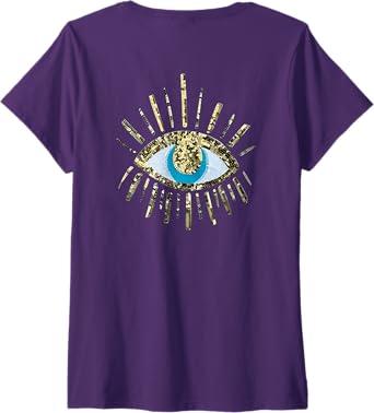 Womens devil's eye sequin print V-Neck T-Shirt (Small, Black)