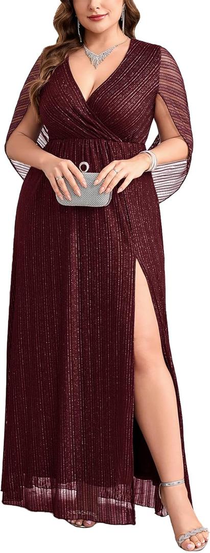 CYCLAMEN Plus Size Sparkly Formal Dress Cape Sleeve V Neck A Line Side Split Maxi Evening Gown Wedding Guest Prom Dresses, Burgundy, 3X
