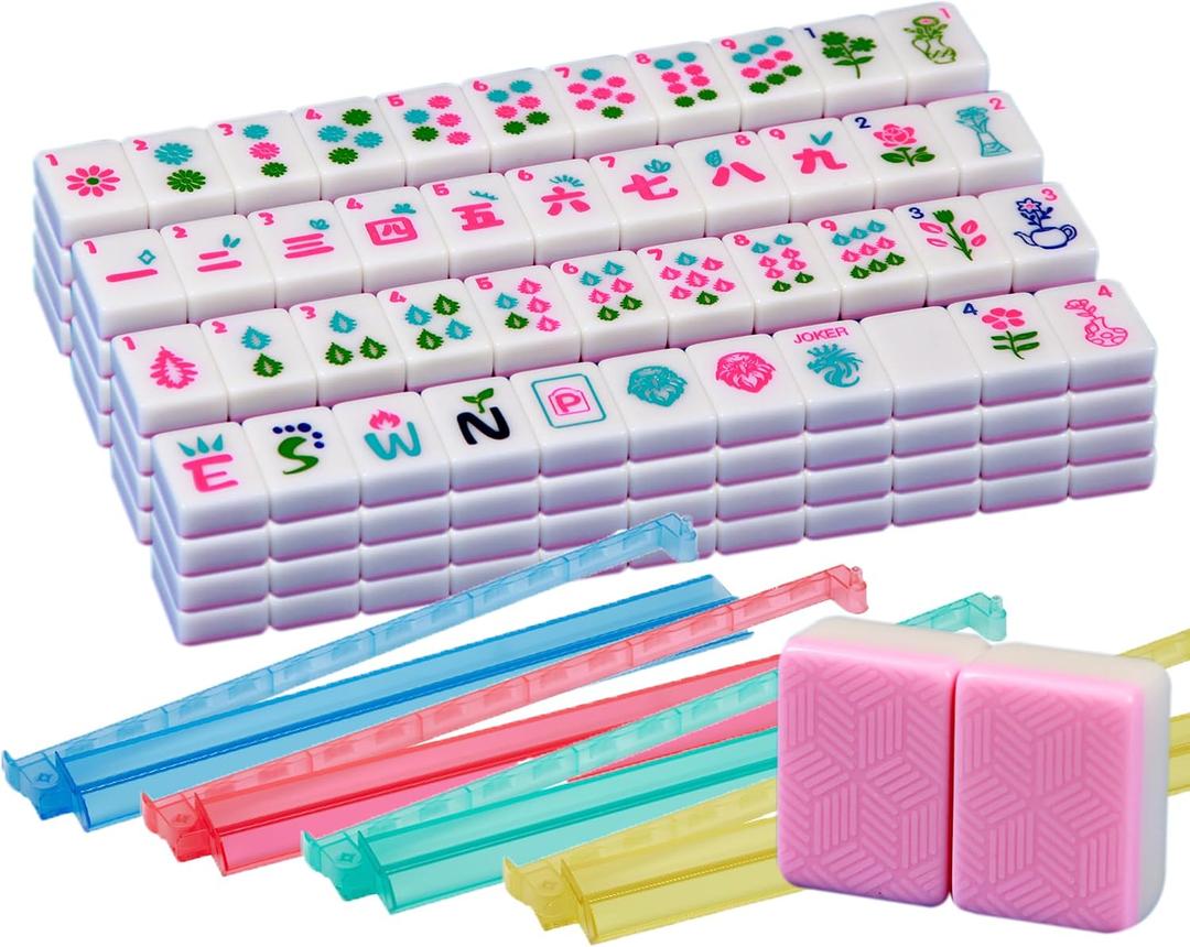 Pink Mahjong Tile Set with 4PCS Mahjong Racks with Pushers