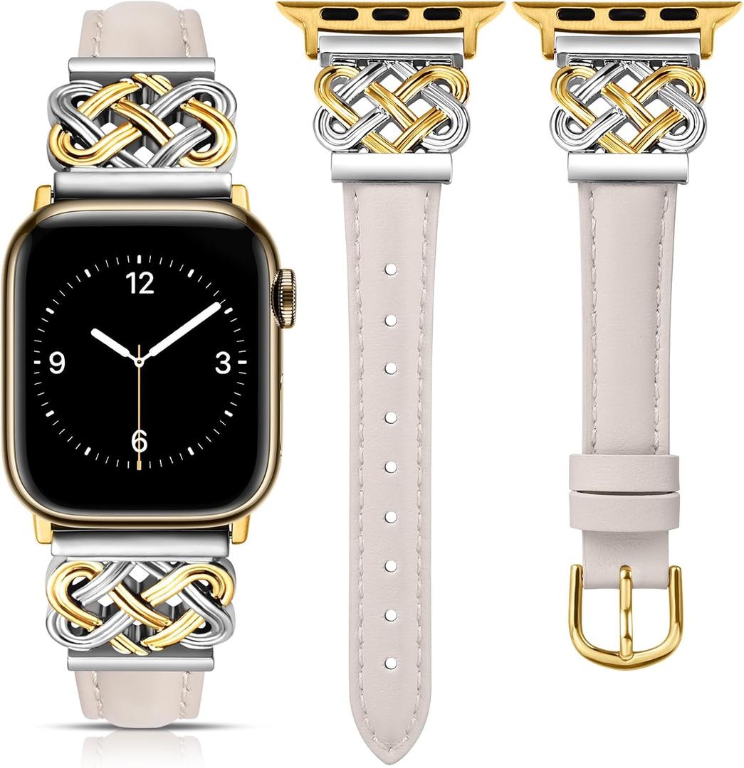 TOYOUTHS Leather Band Compatible with Apple Watch Bands Women 38/40/41/42mm Dressy Slim Thin Strap with Designer Interlock Buckle for iWatch Series 10/9/SE/8/7/6/5/4/3/2/1, Starlight/Gold&Silver