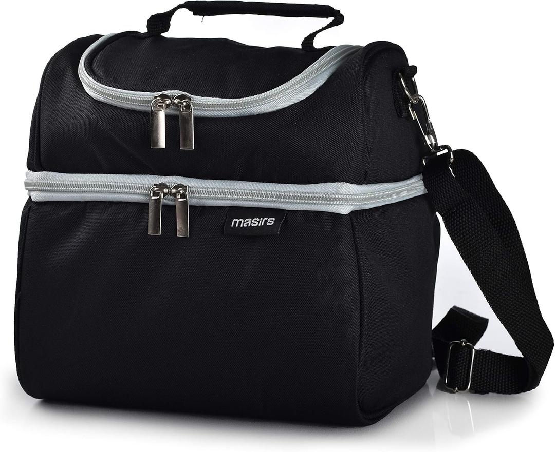 Masirs Insulated Lunch Bag Tote - Two Zippered Compartments to Keep Cold Food Chilled and Hot Food Warm. Carry Easily with Handle and Adjustable Shoulder Strap. Perfect for Travel, Work, or Picnic.