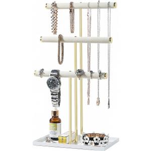 Necklace Display Holder, Jewelry Organizer Stand Earrings Bracelet Holder, 3 Tier Jewelry Display Tower Rack with Metal Frame and Ring Tray for Women (Gold)