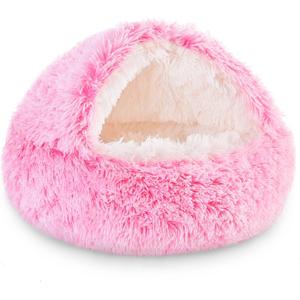 NOYAL Round Hooded Donut Dog Bed for Small & Medium Pets - Plush Fluffy Anti-Anxiety Cat Cave Bed with Cover (Medium 23.6'', Gradient Pink)