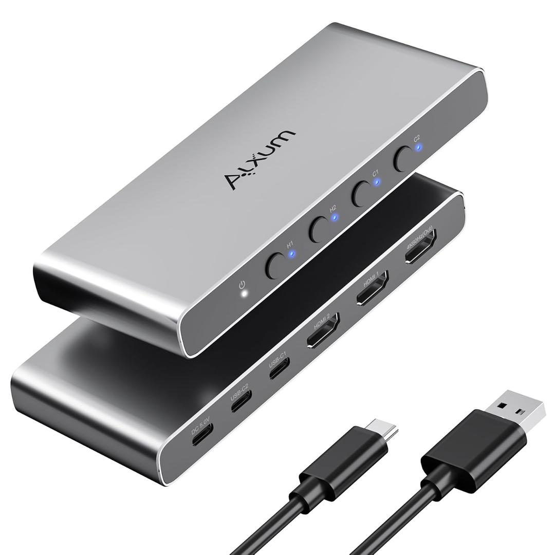 Alxum USB-C HDMI Switch 4 Computers 1 Monitor,Dual HMDI +USB C Switcher 4 in 1 Out,Support UHD 4K@60Hz EDID Adaptive, Compatible with Laptops, PC, PS5,Xbox, Ipad,Phone-Aluminum