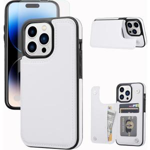 Wallet Case Compatible with iPhone 14 Pro, Slim Protective case with Card Holder,Premium PU Leather Kickstand Card Slots Case with a Screen Protective Glass -White